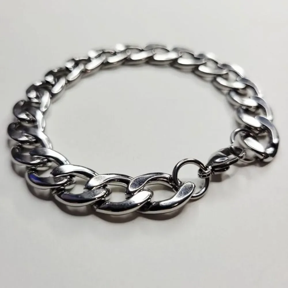 NWT Mens 12mm Shiny Stainless Steel Cuban Link Bracelet Lobster Clasp – 8 in